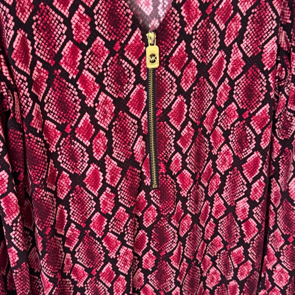Michael Michael Kors Red Snakeskin Print V-Neck Half Zip Blouse Medium - Picture 3 of 3